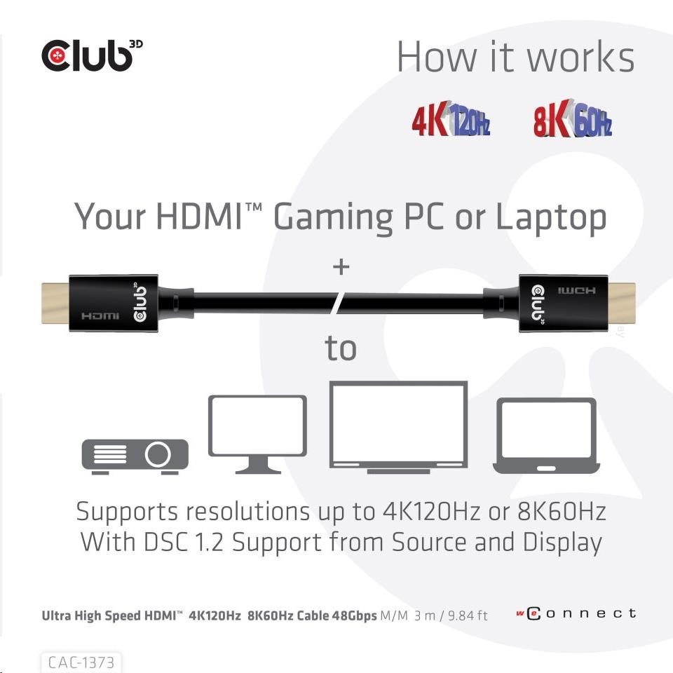 Club3D Kabel Ultra Rychlý HDMI™ Certifikovaný, 4K 120Hz, 8K60Hz, 48Gbps M/M, 3m, 28 AWG