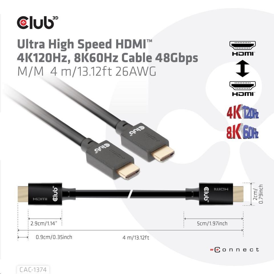 Club3D Kabel Ultra Rychlý HDMI™, 4K120Hz, 8K60Hz Cable 48Gbps (M/M), 28AWG, 4m