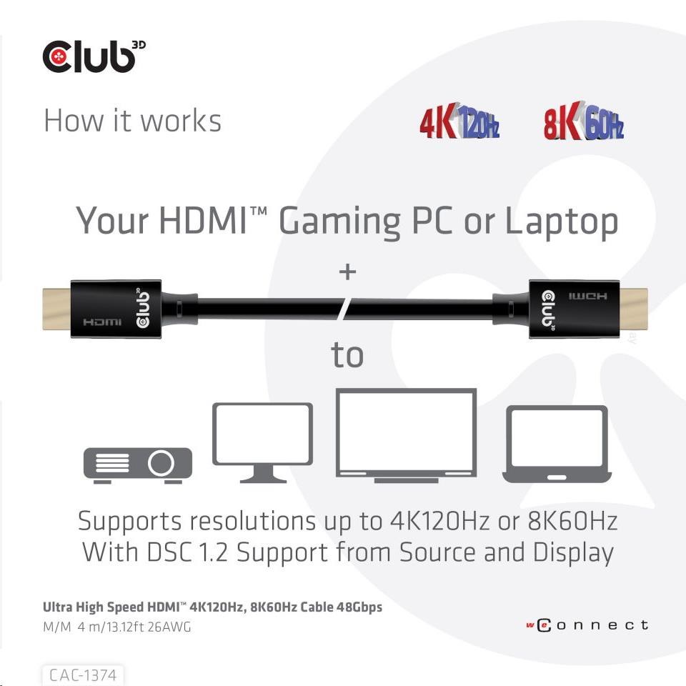 Club3D Kabel Ultra Rychlý HDMI™, 4K120Hz, 8K60Hz Cable 48Gbps (M/M), 28AWG, 4m