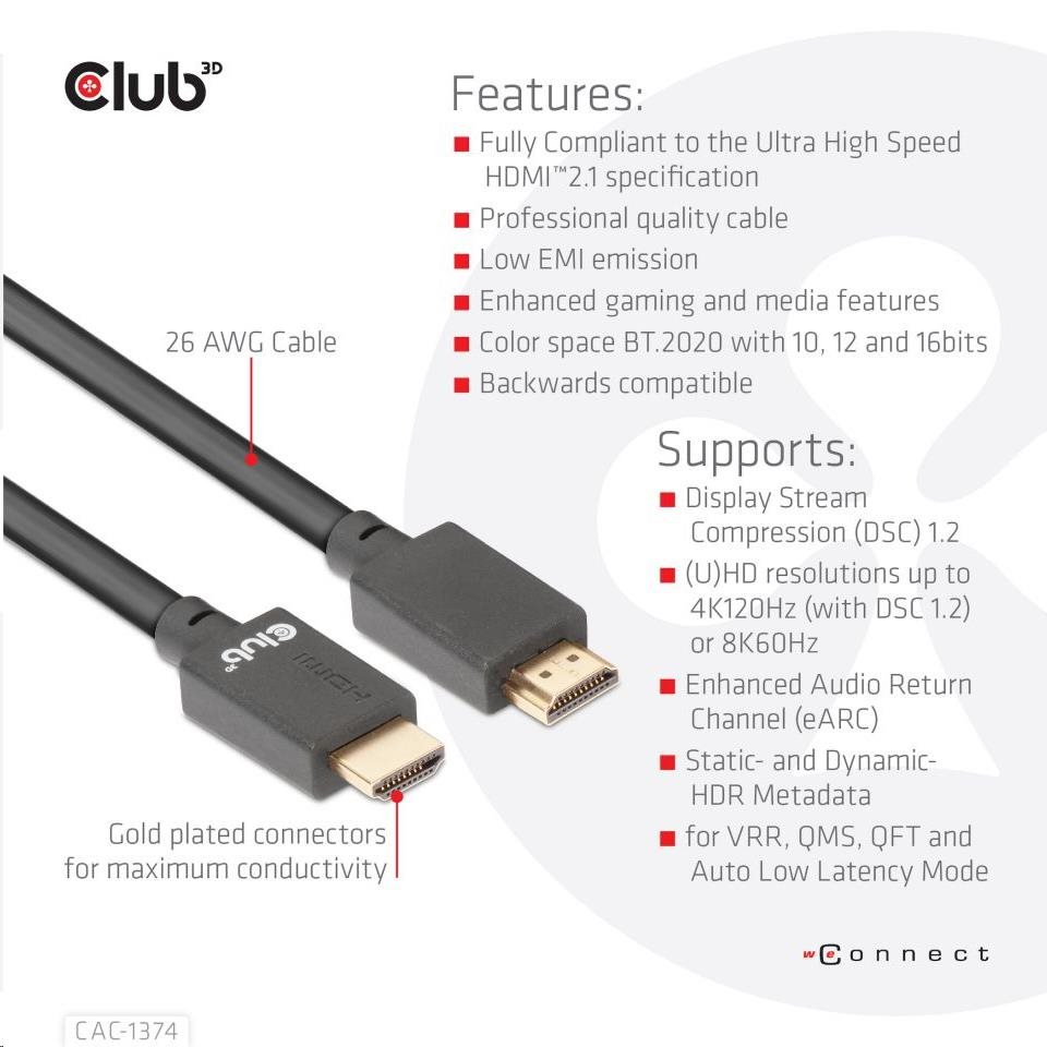 Club3D Kabel Ultra Rychlý HDMI™, 4K120Hz, 8K60Hz Cable 48Gbps (M/M), 28AWG, 4m
