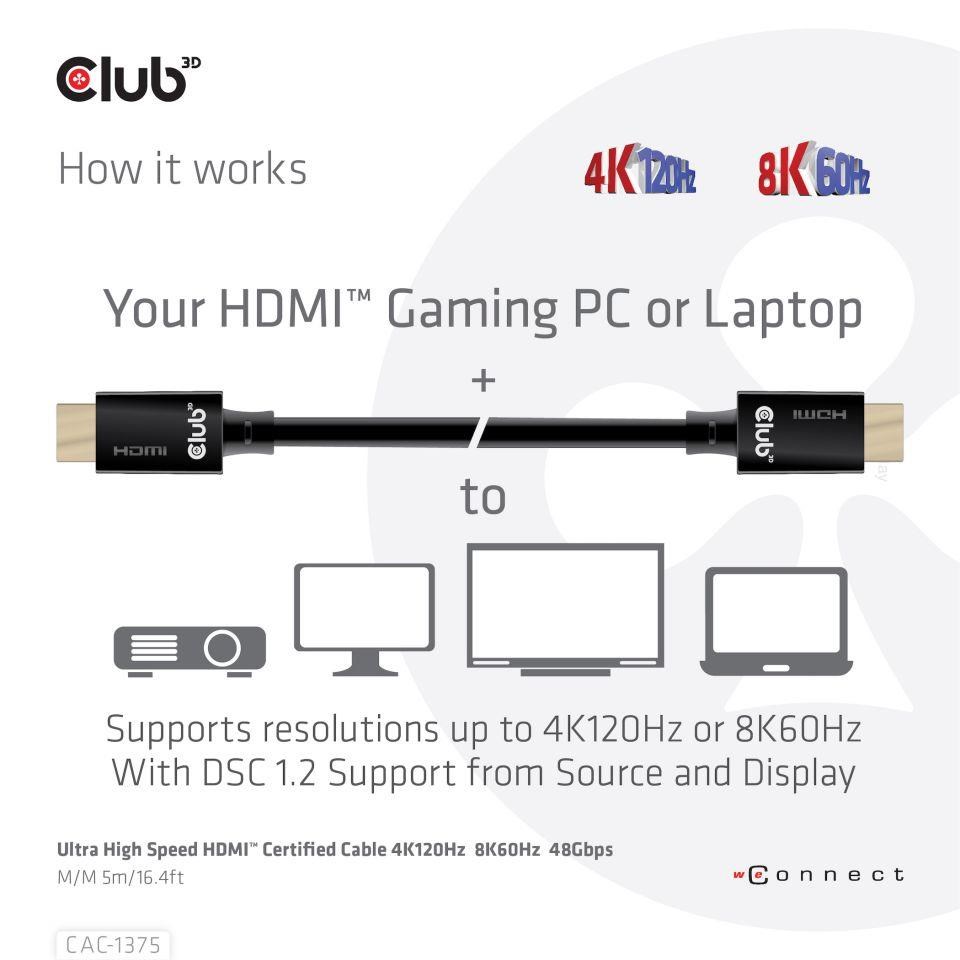 Club3D Ultra Rychlý HDMI™ Certifikovaný, 4K120Hz 8K60Hz 48Gbps M/M 5m/16.4ft, 28 AWG