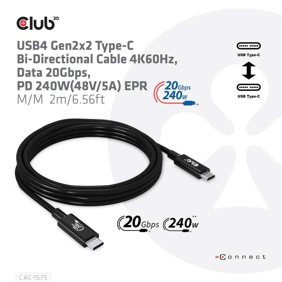 Club3D kabel USB4 Gen2x2 Typ-C, Oboustranný USB-IF Certifikovaný data kabel, Data 20Gbps, PD 240W(48V/5A) EPR M/M 2m