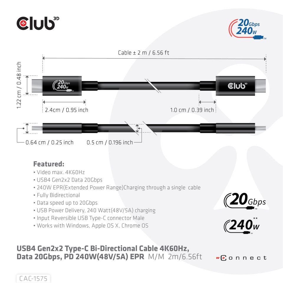 Club3D kabel USB4 Gen2x2 Typ-C, Oboustranný USB-IF Certifikovaný data kabel, Data 20Gbps, PD 240W(48V/5A) EPR M/M 2m