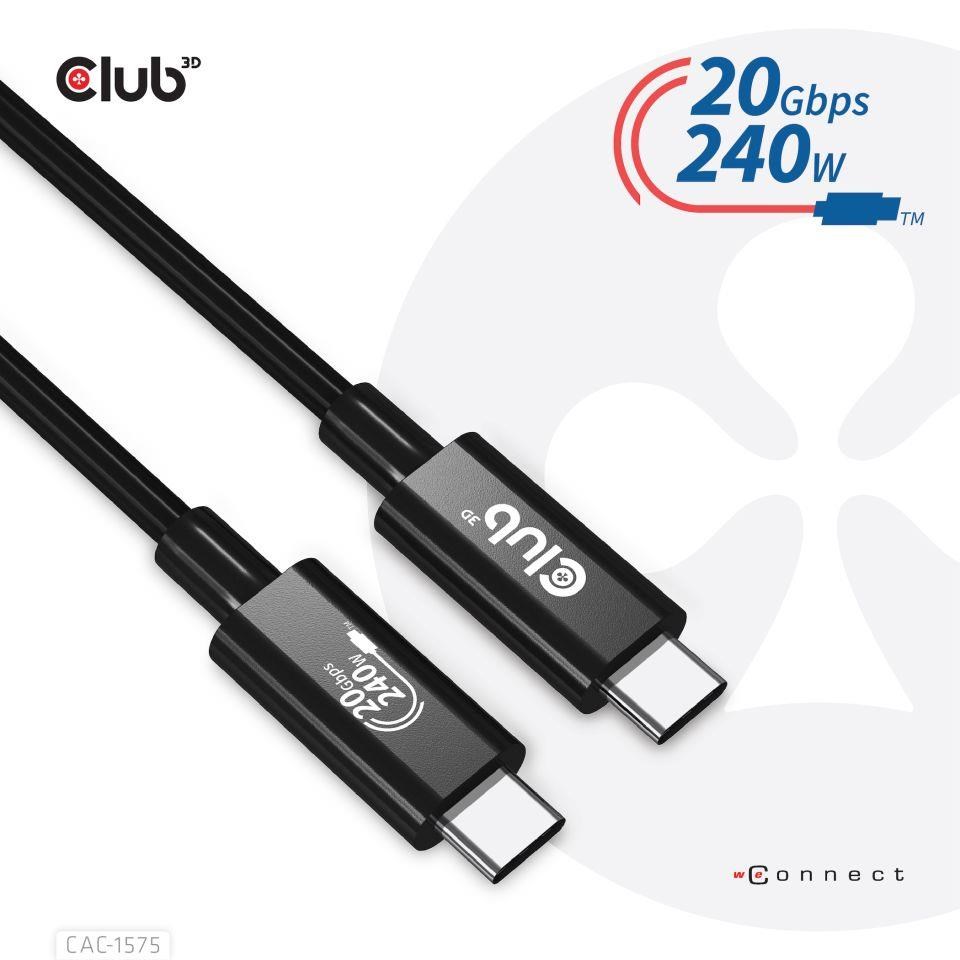 Club3D kabel USB4 Gen2x2 Typ-C, Oboustranný USB-IF Certifikovaný data kabel, Data 20Gbps, PD 240W(48V/5A) EPR M/M 2m