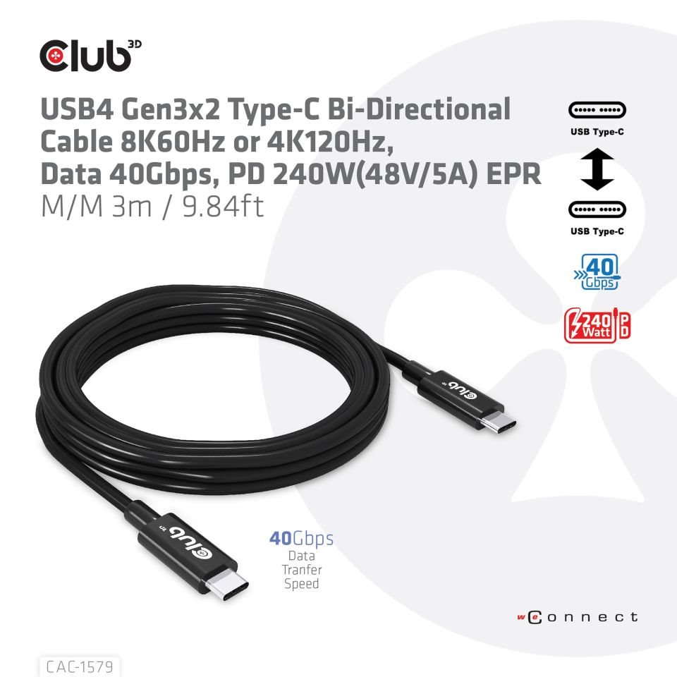 Club3D Kabel USB4 Gen3x2 Typ C 8K60Hz UHD, 40Gbps, Power Delivery 240W, (M/M), 300cm