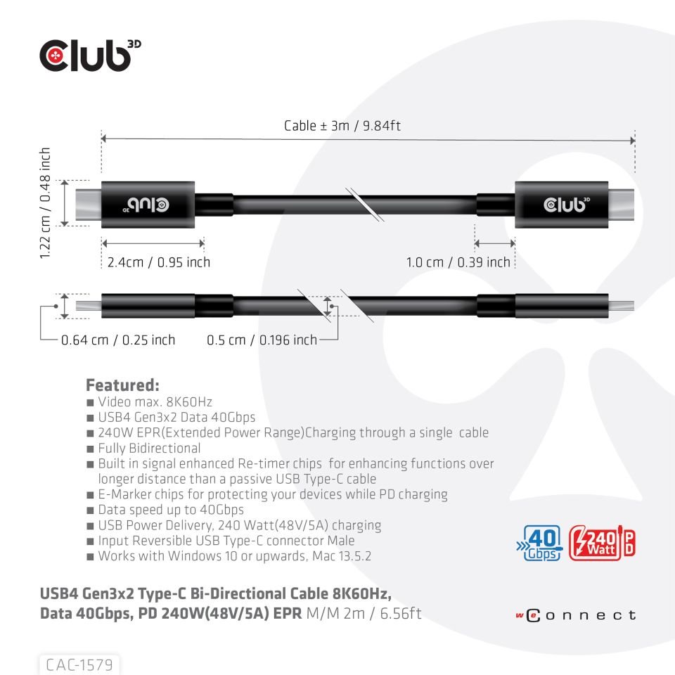 Club3D Kabel USB4 Gen3x2 Typ C 8K60Hz UHD, 40Gbps, Power Delivery 240W, (M/M), 300cm