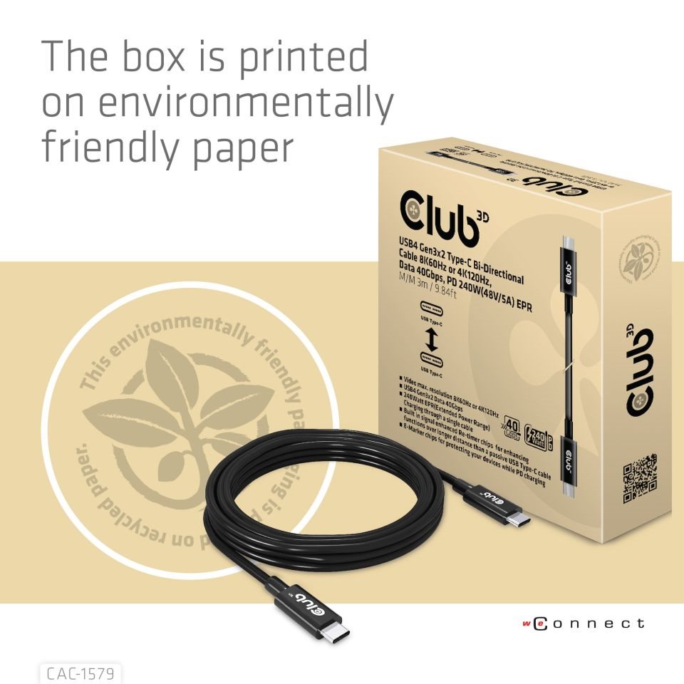 Club3D Kabel USB4 Gen3x2 Typ C 8K60Hz UHD, 40Gbps, Power Delivery 240W, (M/M), 300cm