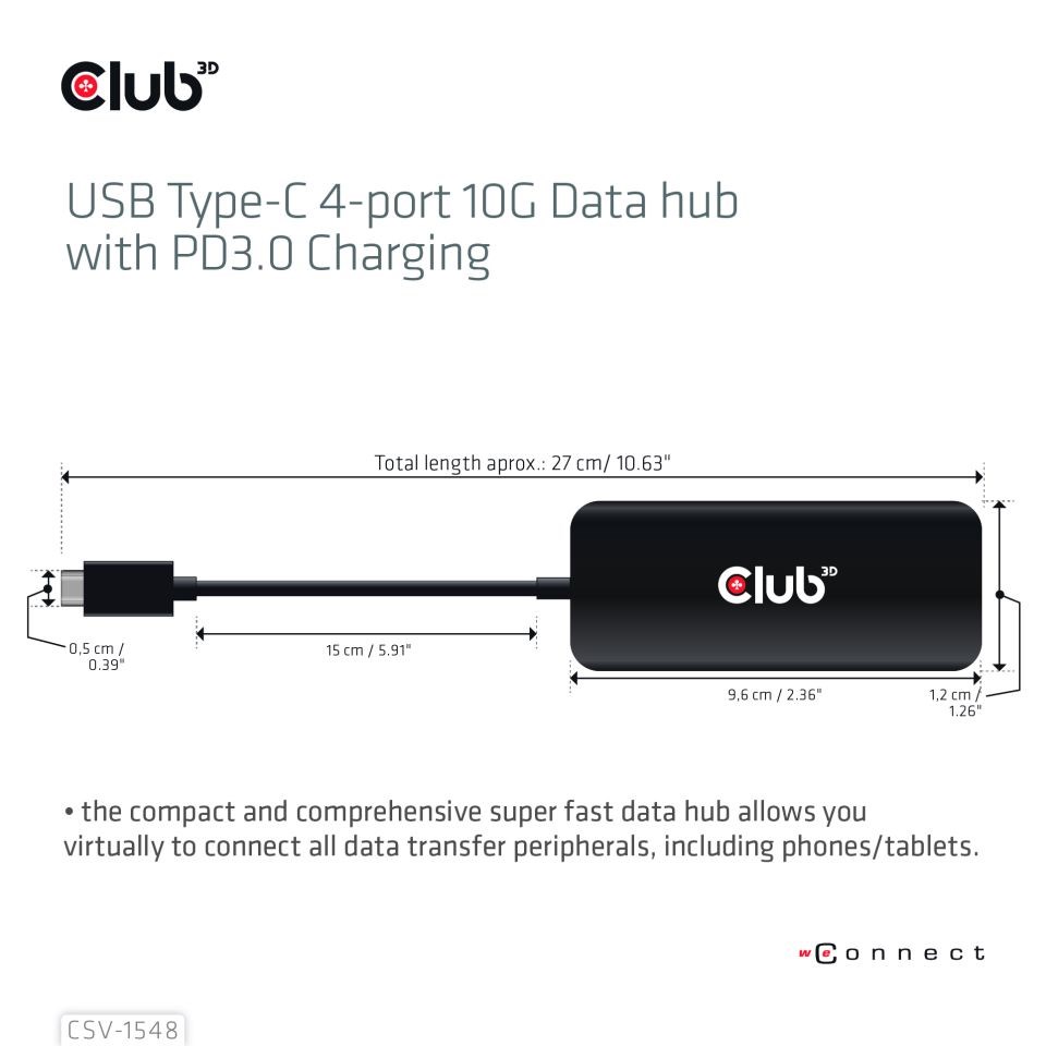 Club3D hub 1xUSB-C na 4xUSB-C, 10Gbps port, PD 3.0