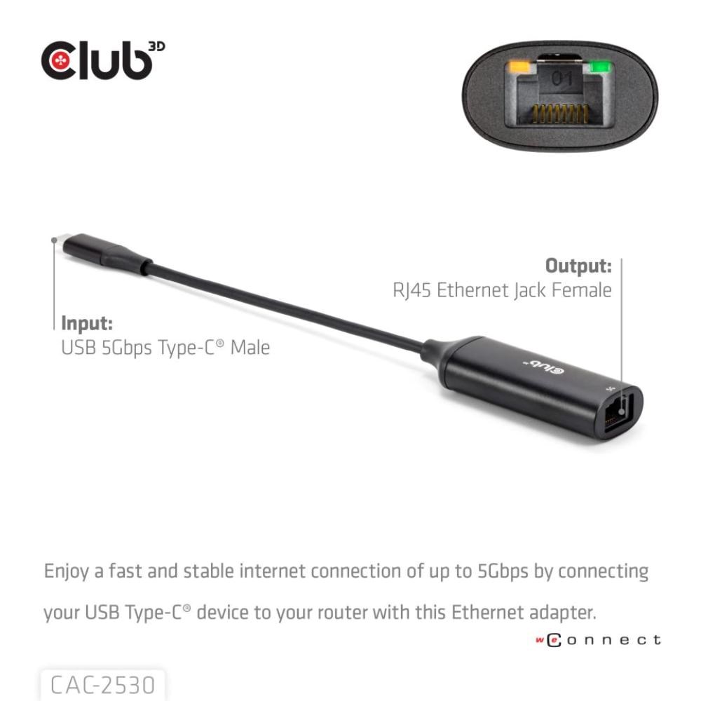 Club3D Adaptér USB-C na RJ45, 5Gb, 24cm