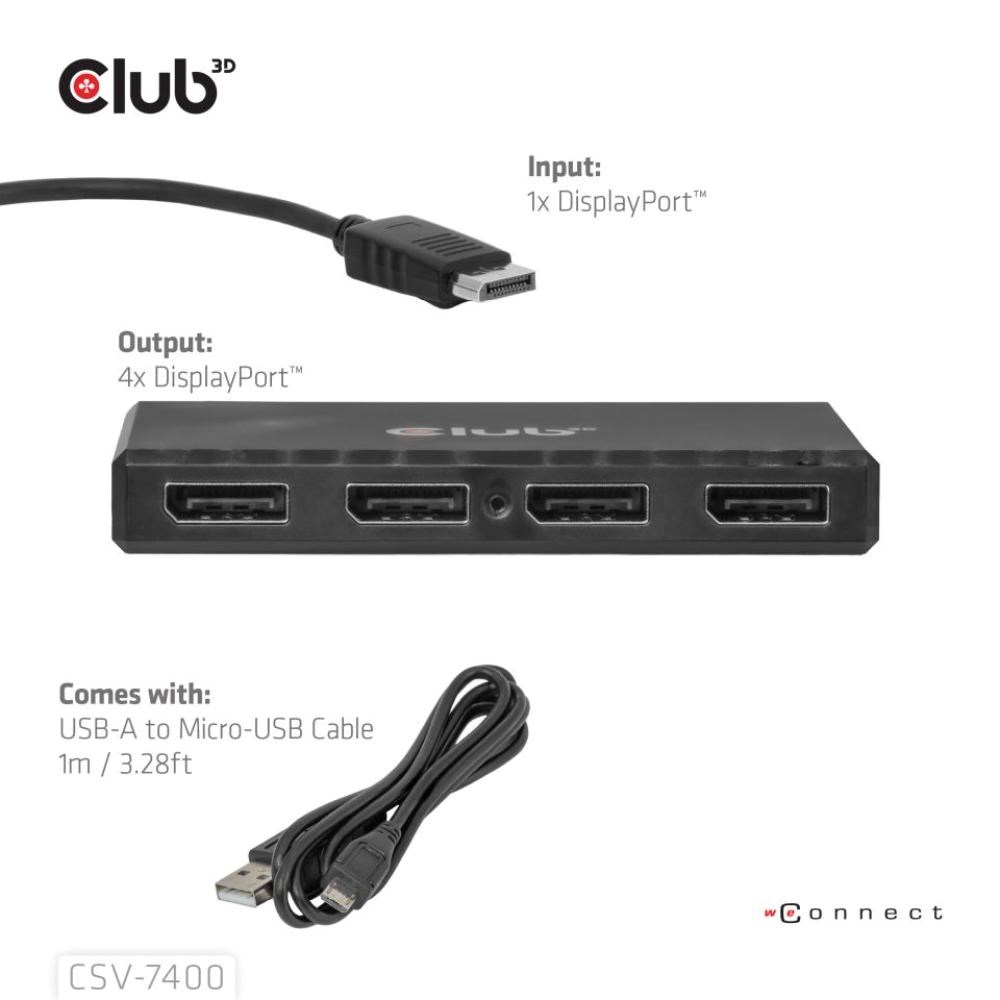 Club3D hub MST (Multi Stream Transport) DisplayPort 1.4 na 4x DisplayPort, Quad monitor, 4x 4K30Hz, 8K30Hz