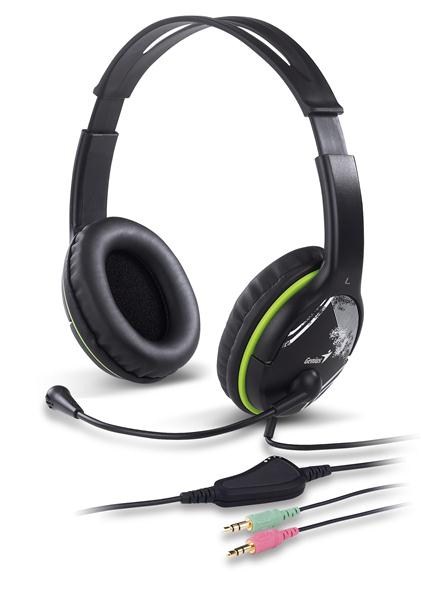 GENIUS sluchátka s mikrofonem HS-400A, černozelená, + redukce na Single Jack