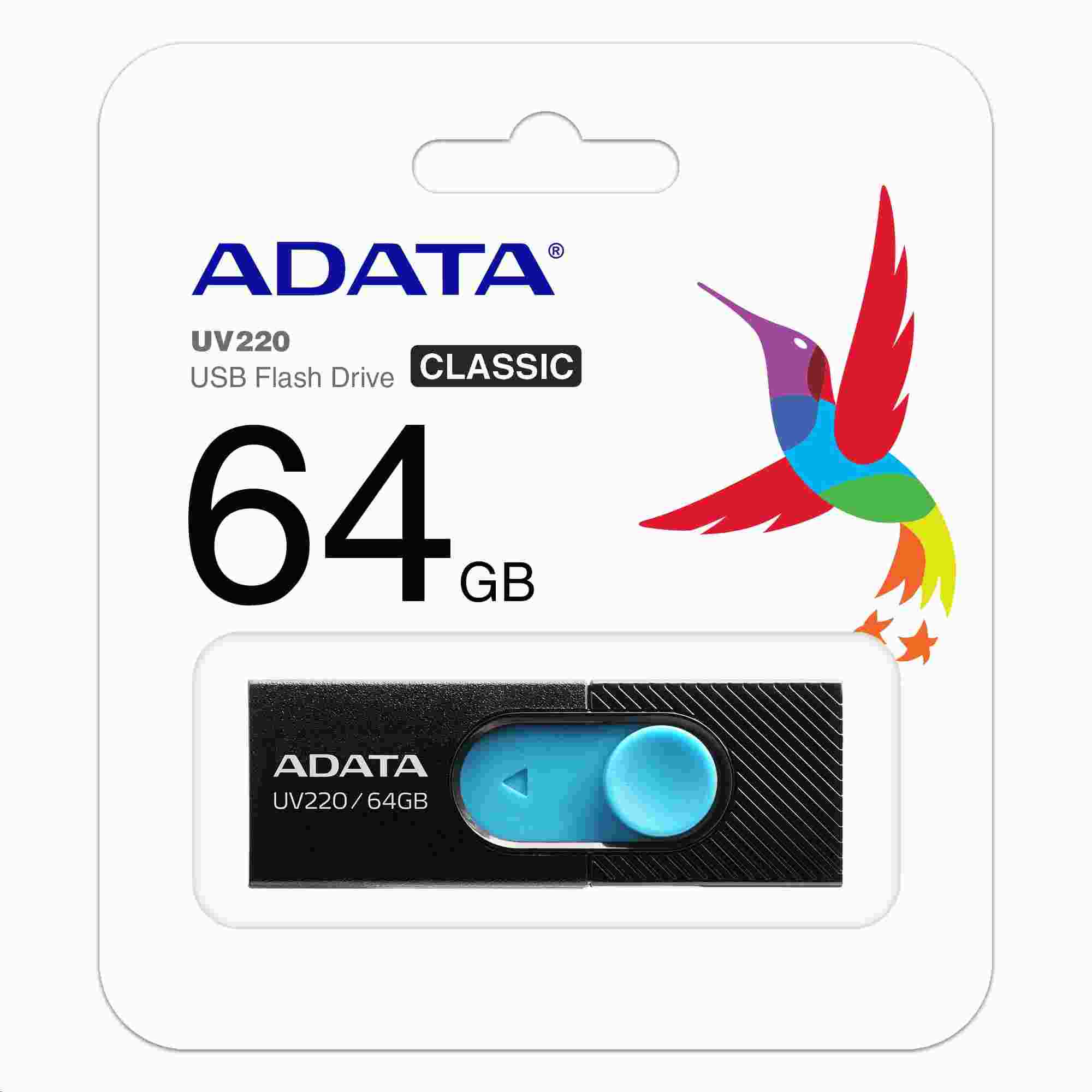 ADATA Flash Disk 64GB UV220, USB 2.0 Dash Drive, černá/modrá