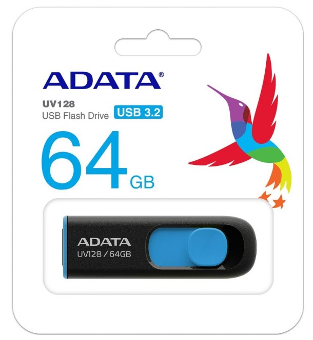 ADATA Flash Disk 64GB UV128, USB 3.1 Dash Drive (R:90/W:40 MB/s) černá/modrá