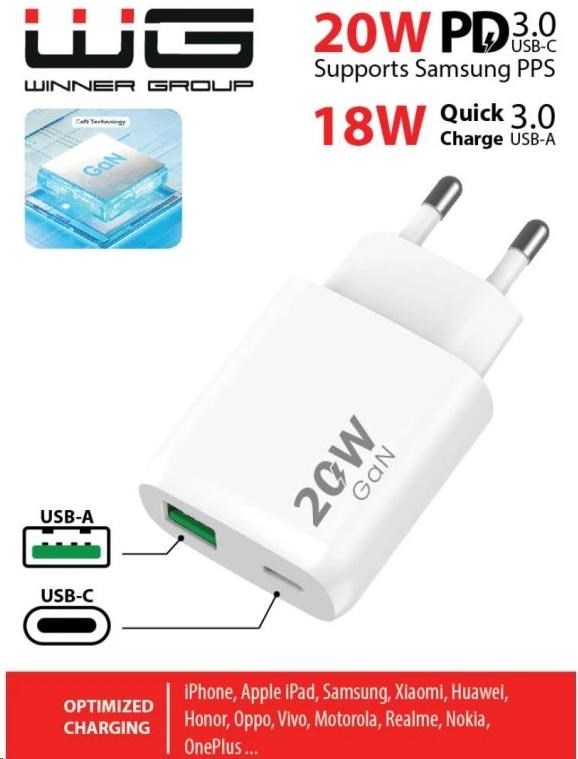 WG - Síťová nabíječka 2x USB, 1x USB-C PD 20W + 1x USB-A QC3.0 18W, white