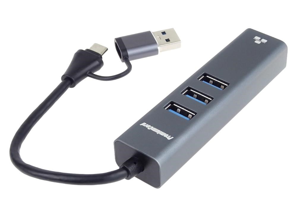 PremiumCord Adaptér USB-C a USB-A na Gigabit 10/100/1000Mbps + 3x USB 3.2 konektor