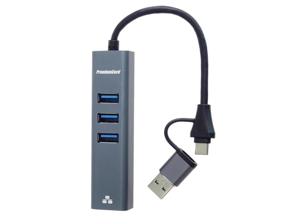 PremiumCord Adaptér USB-C a USB-A na Gigabit 10/100/1000Mbps + 3x USB 3.2 konektor