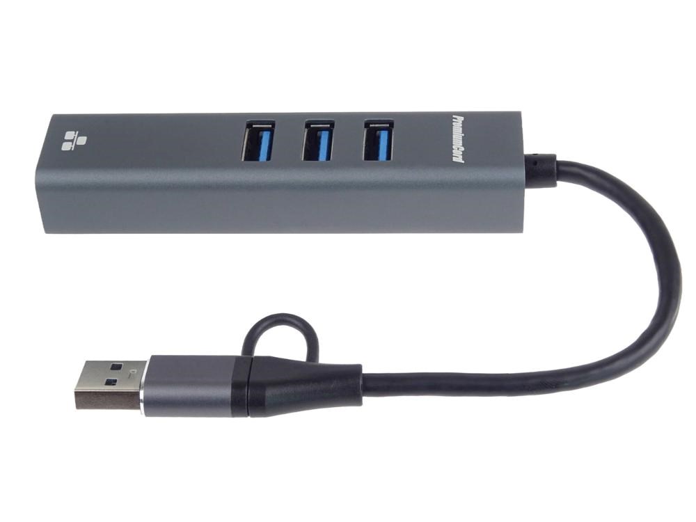 PremiumCord Adaptér USB-C a USB-A na Gigabit 10/100/1000Mbps + 3x USB 3.2 konektor