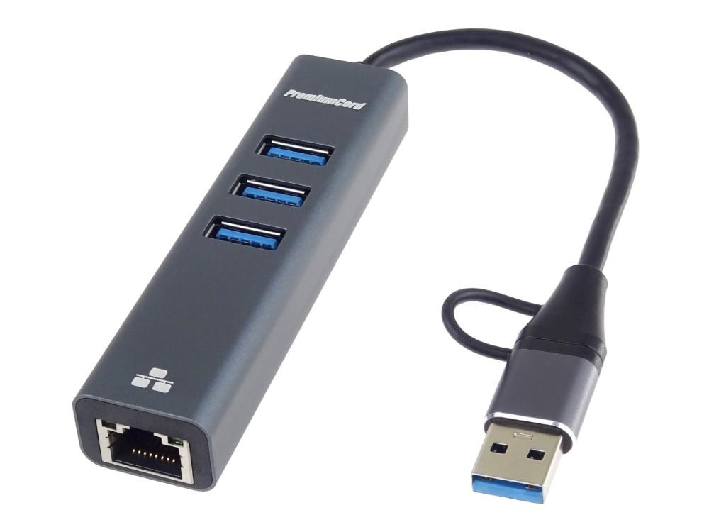 PremiumCord Adaptér USB-C a USB-A na Gigabit 10/100/1000Mbps + 3x USB 3.2 konektor