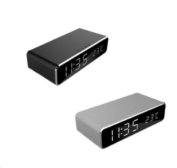 GEMBIRD digitální budík s funkcí bezdrátového nabíjení, black/černá