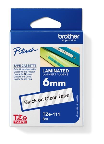 BROTHER TZE111 - kazeta TZ šířky 6mm, laminovaná TZE-111, průsvitná/černé písmo