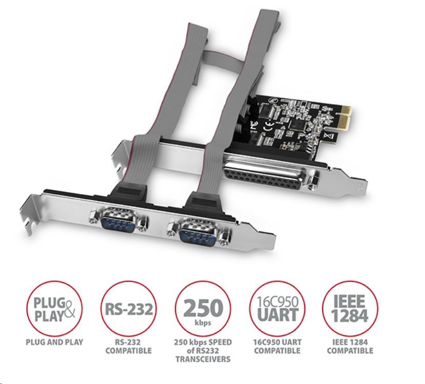 AXAGON PCEA-PSN, PCIe řadič - 1x paralelní (LPT) + 2x sériový port (RS232) 250 kbps, vč. LP
