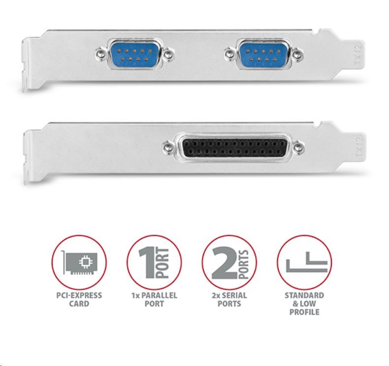 AXAGON PCEA-PSN, PCIe řadič - 1x paralelní (LPT) + 2x sériový port (RS232) 250 kbps, vč. LP