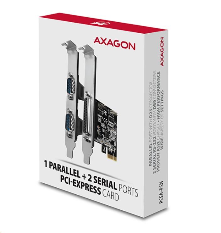 AXAGON PCEA-PSN, PCIe řadič - 1x paralelní (LPT) + 2x sériový port (RS232) 250 kbps, vč. LP