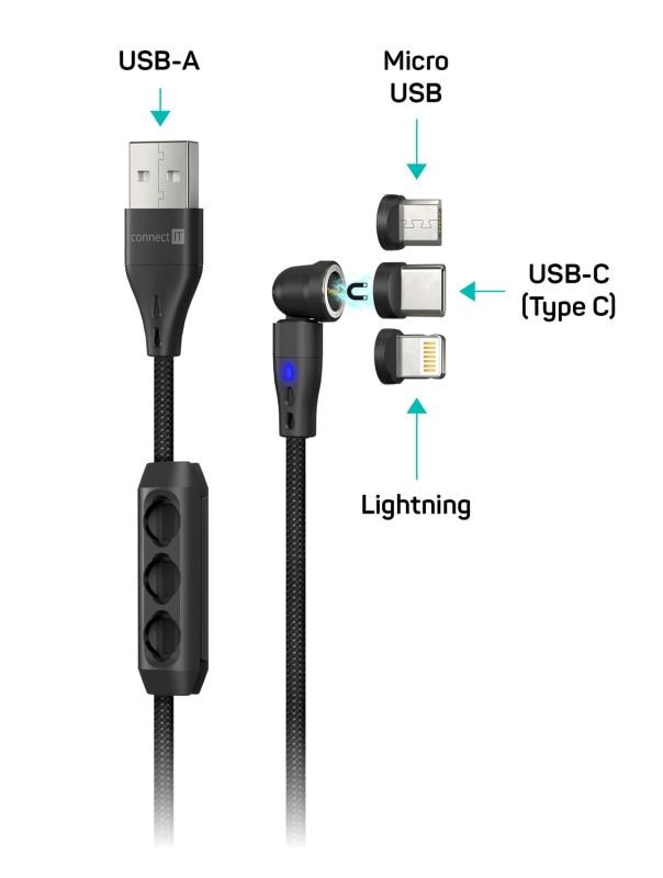 CONNECT IT Magnetický kabel PowerLink 3v1, USB-C / Lightning / MicroUSB, 2m, černá