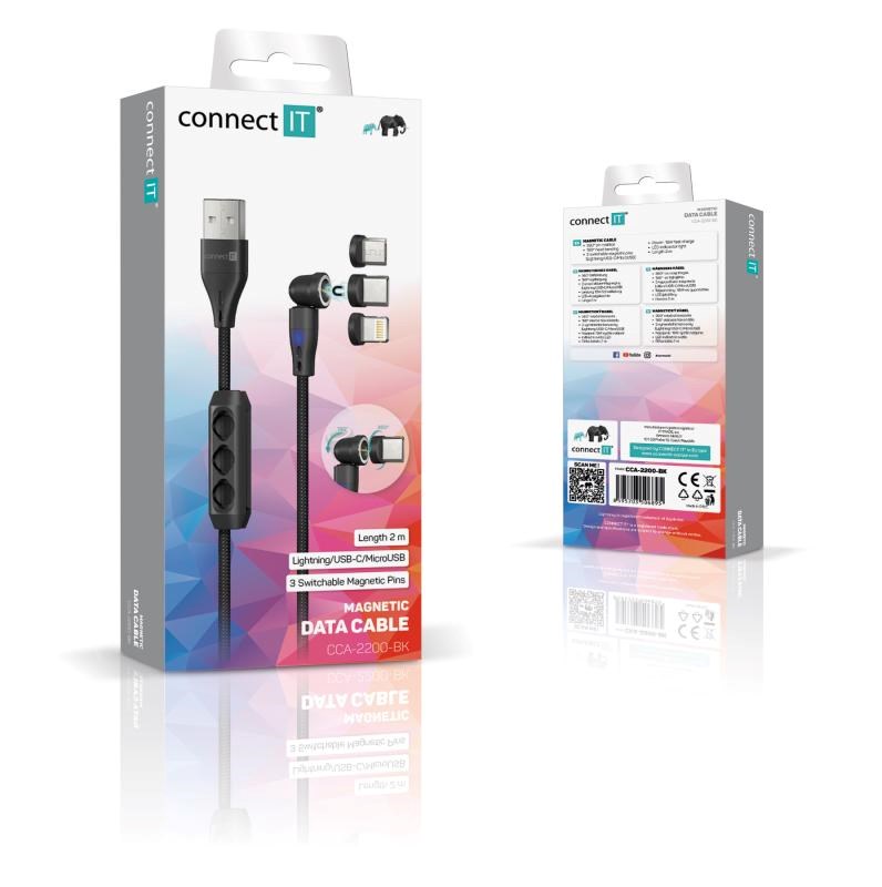 CONNECT IT Magnetický kabel PowerLink 3v1, USB-C / Lightning / MicroUSB, 2m, černá