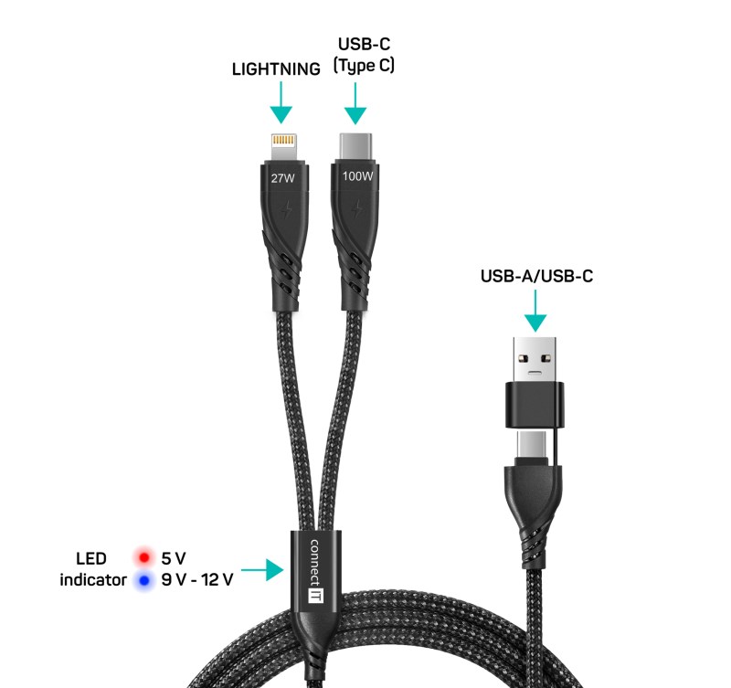 CONNECT IT Nabíjecí kabel Wirez 4v1, USB-C/USB, Lightning/USB-C, 1.25m, černá