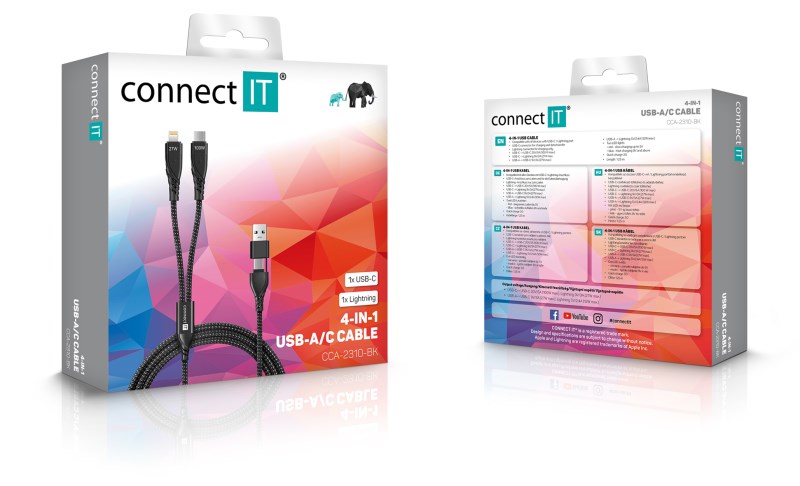 CONNECT IT Nabíjecí kabel Wirez 4v1, USB-C/USB, Lightning/USB-C, 1.25m, černá