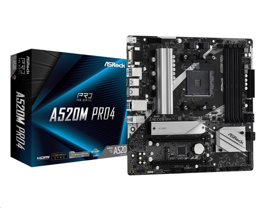 ASRock MB Sc AM4 A520M PRO4, AMD A520, 4xDDR4, HDMI, DP