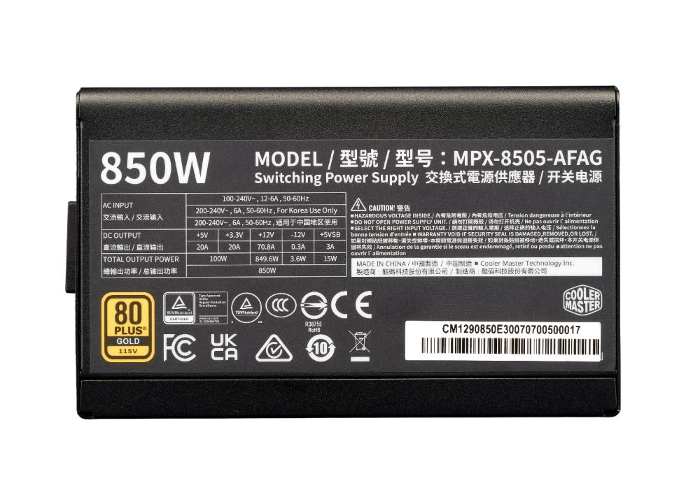 Cooler Master zdroj ELITE Gold 850W FM, 120mm, Plně modulární, 80 Plus Gold, ATX 3.1