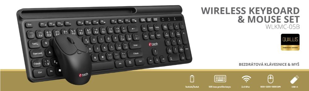 C-TECH klávesnice s myší WLKMC-05B, Bezdrátový set 2.4GHz, CZ, Černá