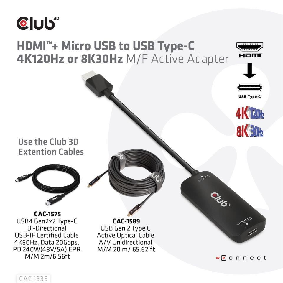 Club3D Adaptér HDMI + Micro USB na USB-C 4K120Hz/8K30Hz, Active Adapter M/F