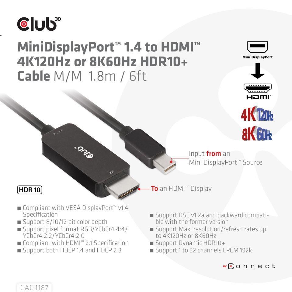 Club3D kabel miniDP 1.4 na HDMI, 4K120Hz nebo 8K60Hz HDR10+, M/M, 1.8m