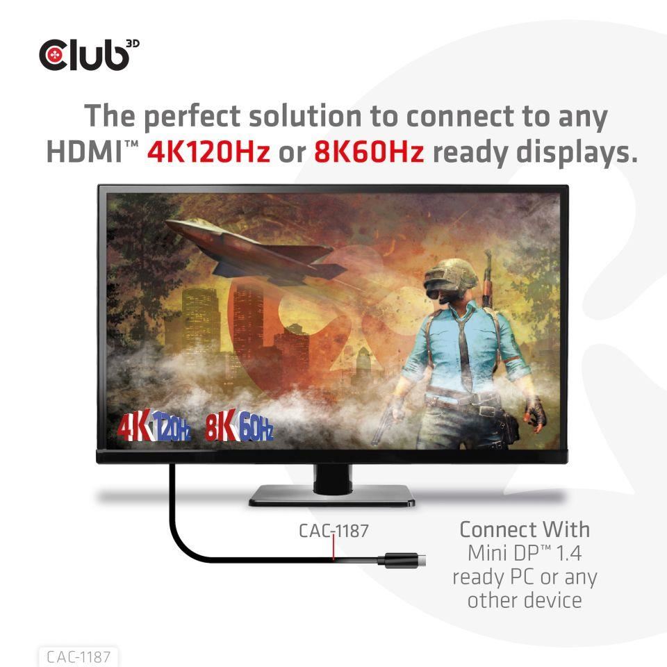 Club3D kabel miniDP 1.4 na HDMI, 4K120Hz nebo 8K60Hz HDR10+, M/M, 1.8m