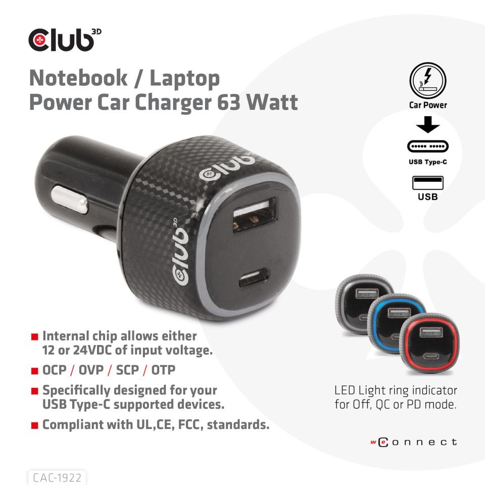 Club3D Auto nabíječka pro Notebooky 63W, 2 porty (USB-A + USB-C)