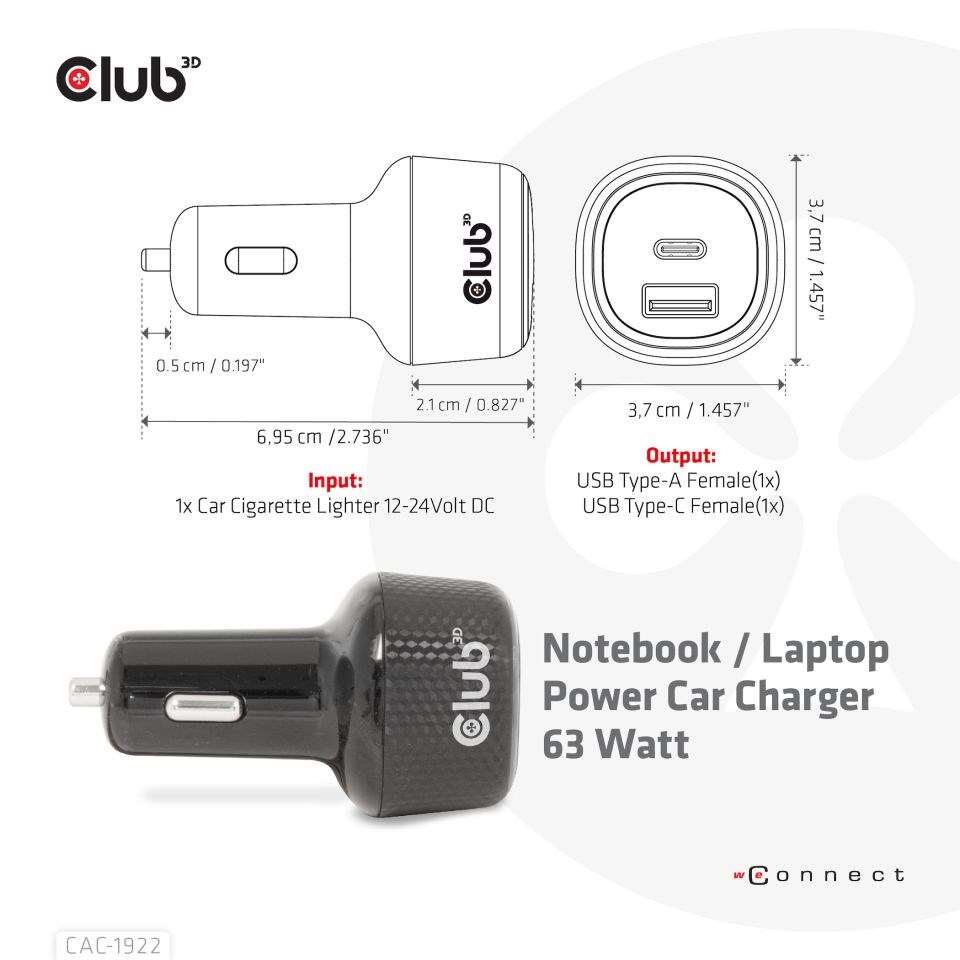 Club3D Auto nabíječka pro Notebooky 63W, 2 porty (USB-A + USB-C)