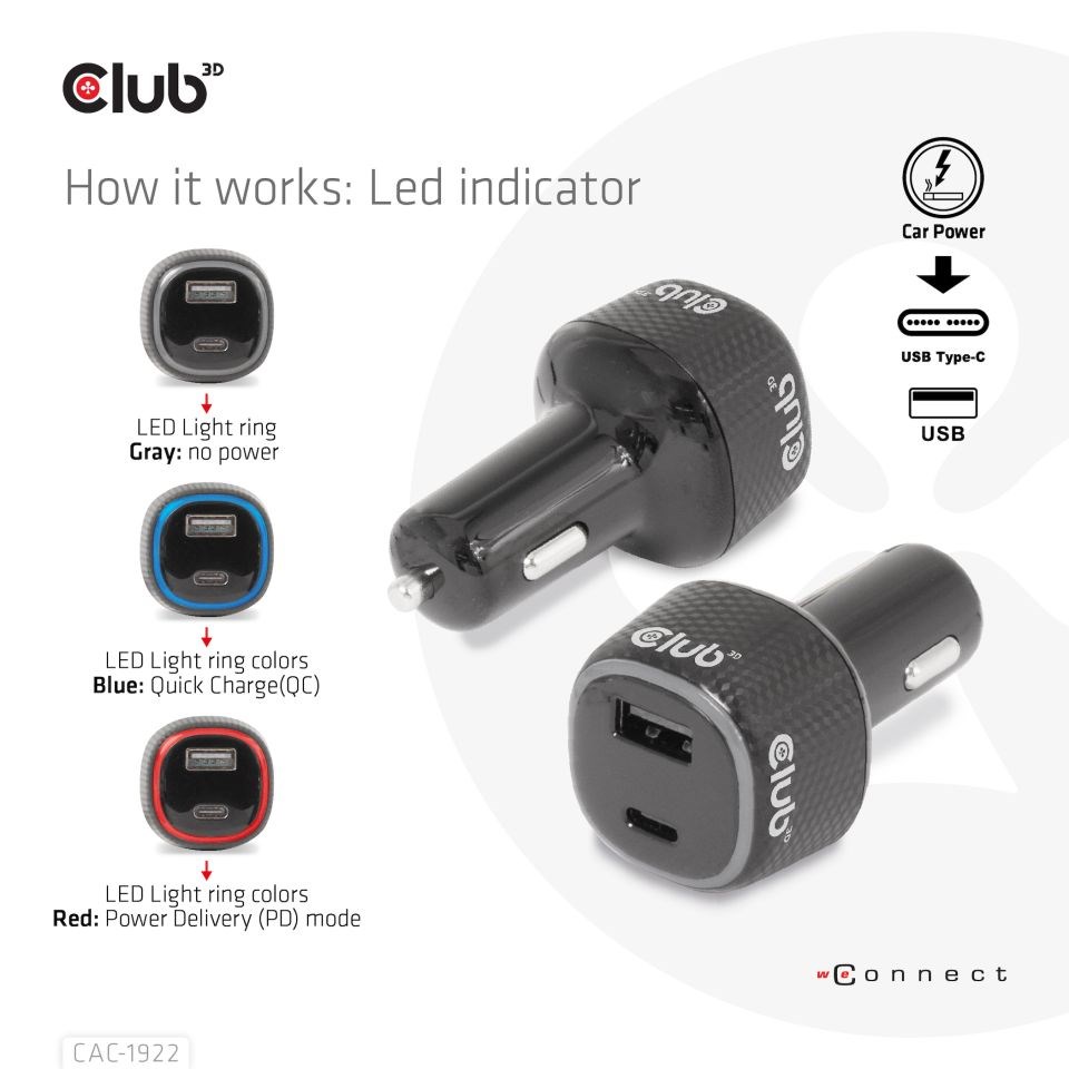 Club3D Auto nabíječka pro Notebooky 63W, 2 porty (USB-A + USB-C)