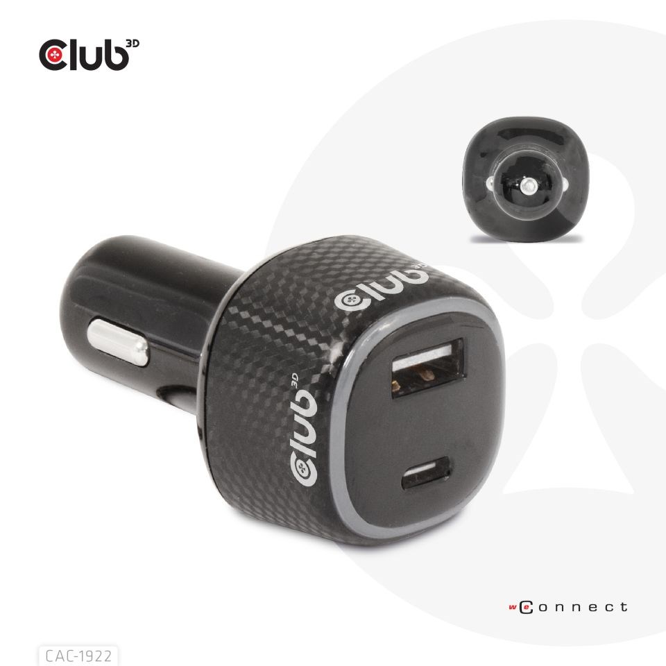 Club3D Auto nabíječka pro Notebooky 63W, 2 porty (USB-A + USB-C)