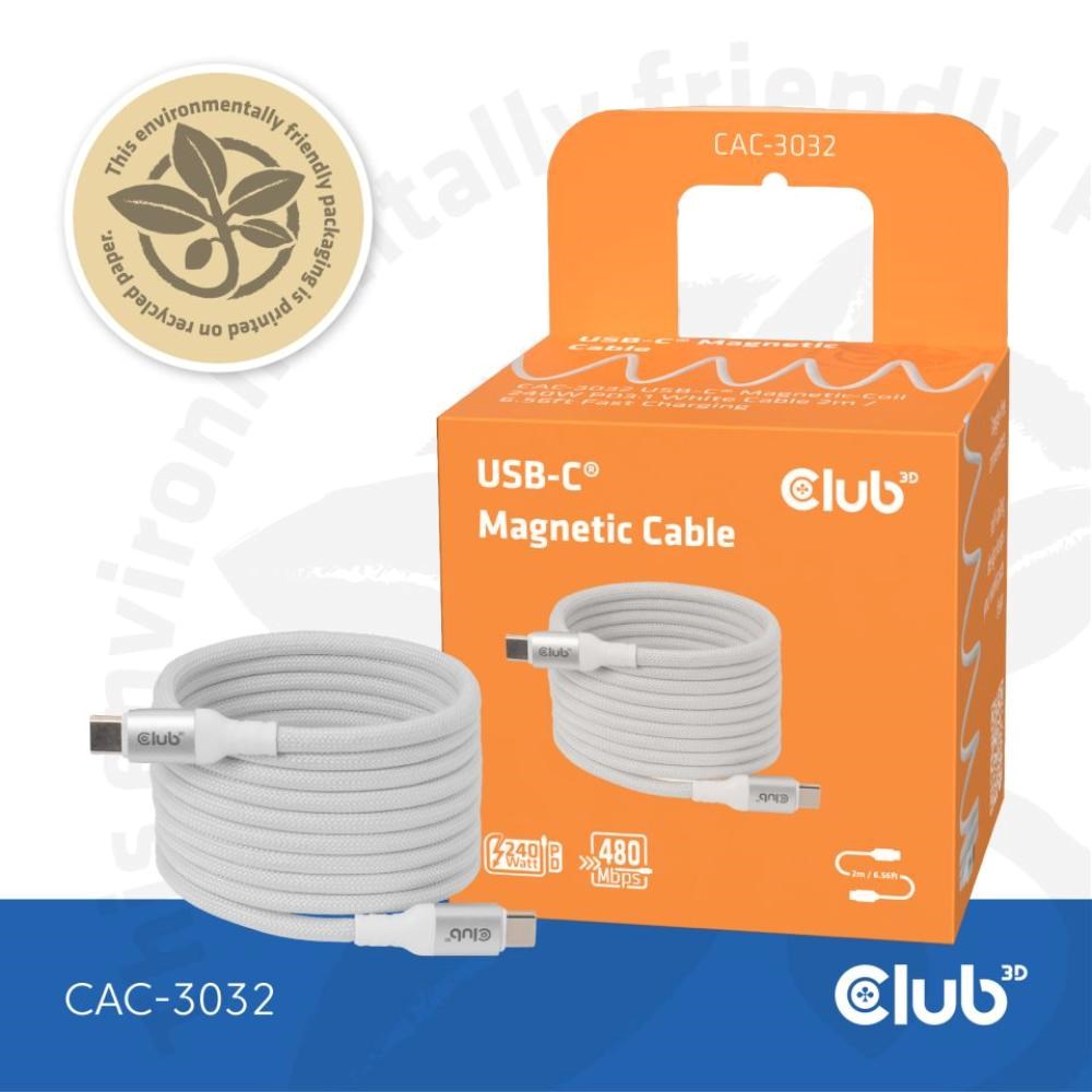 Club3D Kabel magnetický USB-C, 240W PD3.1, 480 Mbps, 2m, bílá