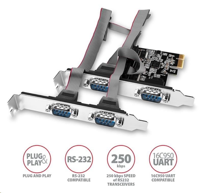 AXAGON PCEA-S4N, PCIe řadič - 4x sériový port (RS232) 250 kbps, vč. LP