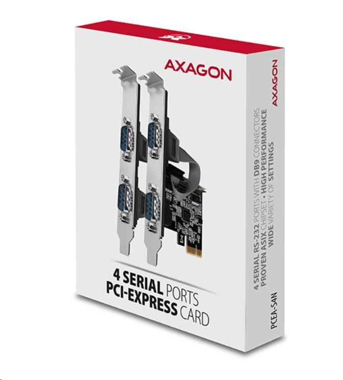 AXAGON PCEA-S4N, PCIe řadič - 4x sériový port (RS232) 250 kbps, vč. LP