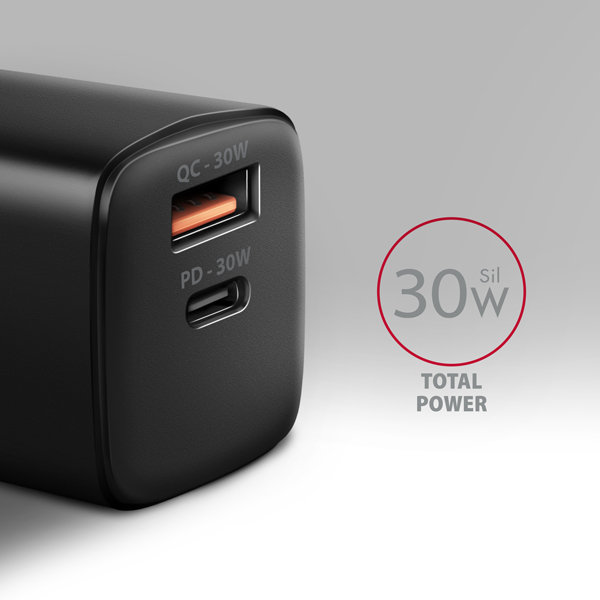 AXAGON ACU-PQ30, Sil nabíječka do sítě 30W, 2x port (USB-A + USB-C), PD3.0/PPS/QC4+/SFC/AFC/Apple, černá