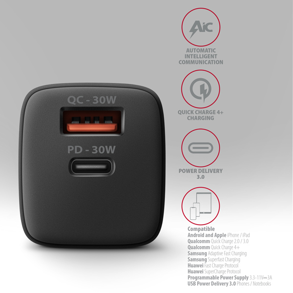 AXAGON ACU-PQ30, Sil nabíječka do sítě 30W, 2x port (USB-A + USB-C), PD3.0/PPS/QC4+/SFC/AFC/Apple, černá