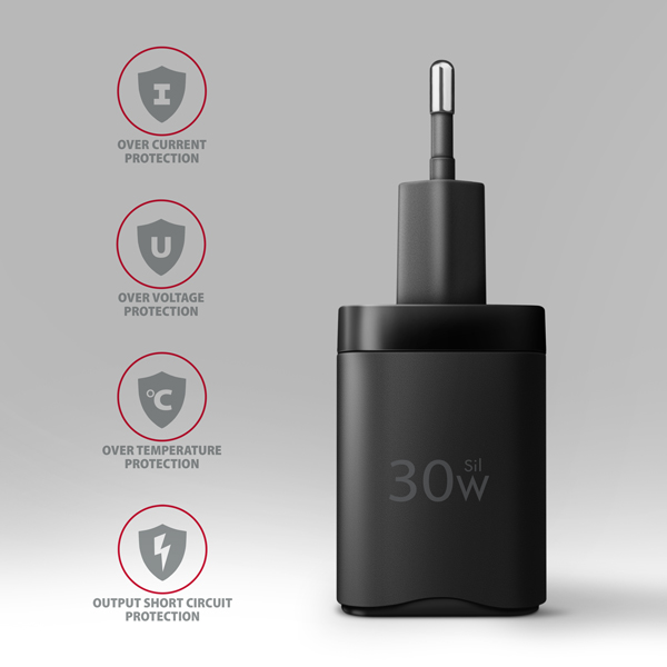 AXAGON ACU-PQ30, Sil nabíječka do sítě 30W, 2x port (USB-A + USB-C), PD3.0/PPS/QC4+/SFC/AFC/Apple, černá