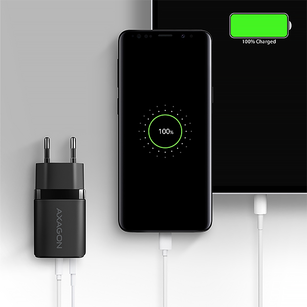 AXAGON ACU-PQ30, Sil nabíječka do sítě 30W, 2x port (USB-A + USB-C), PD3.0/PPS/QC4+/SFC/AFC/Apple, černá