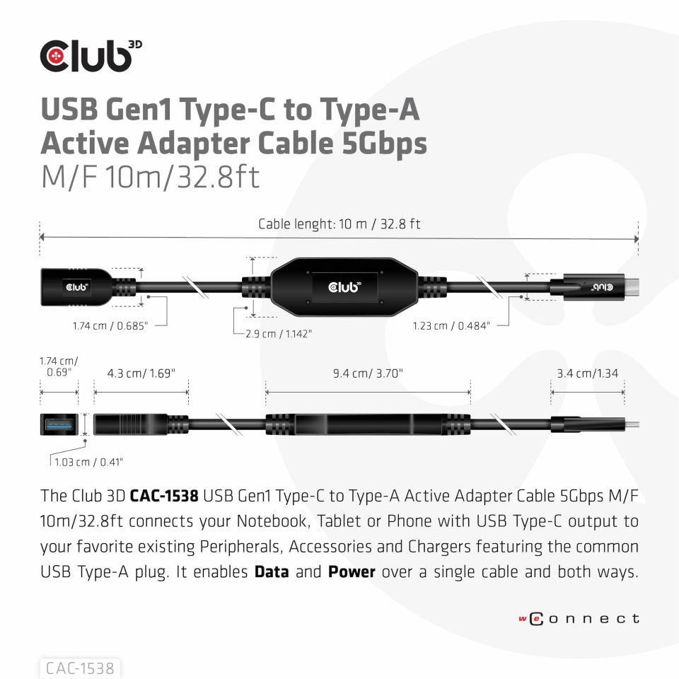 Club3D Kabel USB-C na USB-A, Aktivní adaptér/kabel, 5 Gbps (M/F), 10m