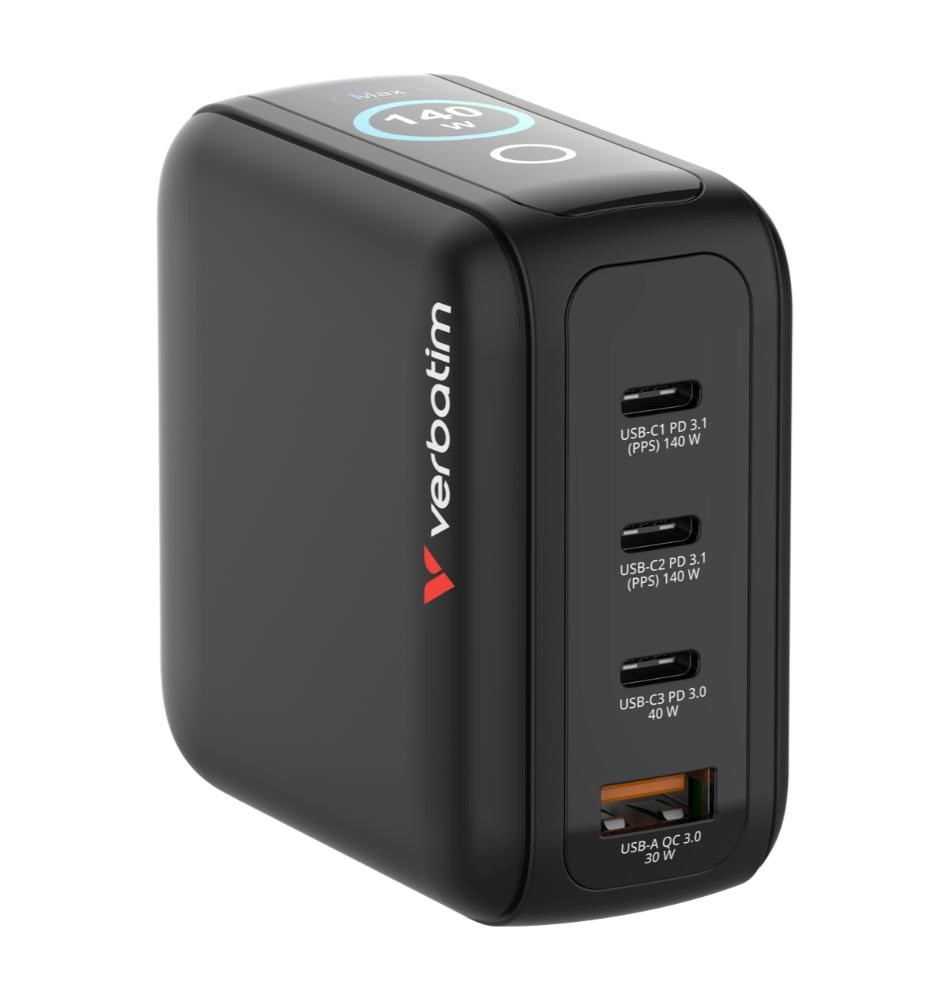VERBATIM Mini GaN Nabíječka s displejem 140W, 3xUSB-C, 1xUSB-A, černá